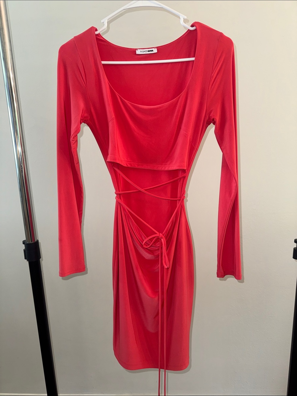Red Long-Sleeve Tie-Waist Dress